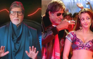 Amitabh Bachchan file photo left and Amitabh Bachchan-Aishwarya Rai in Kajra Re song right