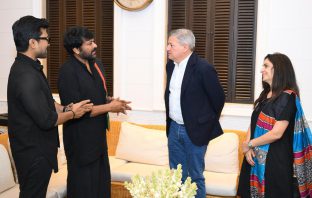 Netflix CEO Ted Sarandos with CHiranjeevi and Ram Charan in Hyderabad